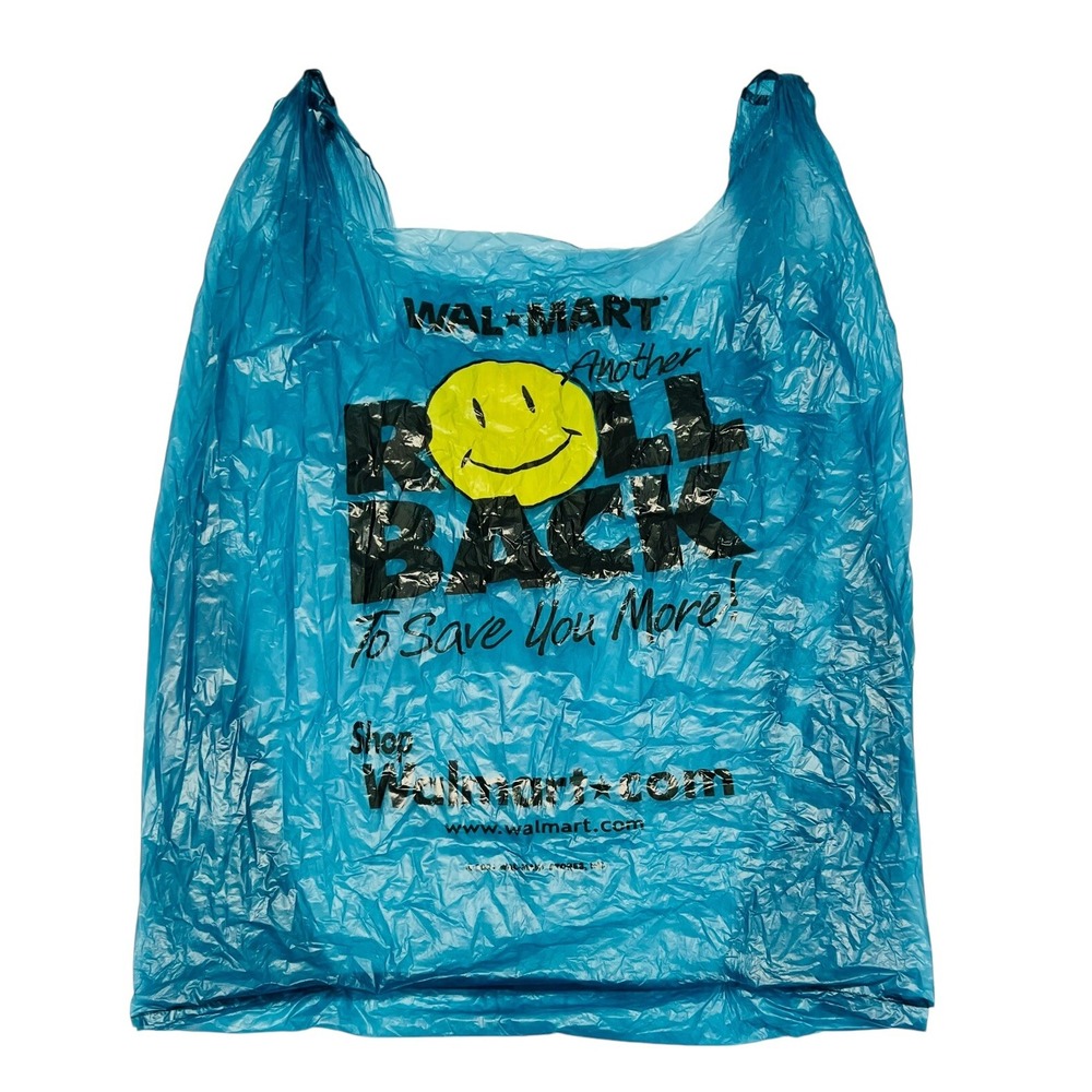 Vintage 2001 Big Blue Walmart Plastic Grocery Bag Smiley Face Roll Back